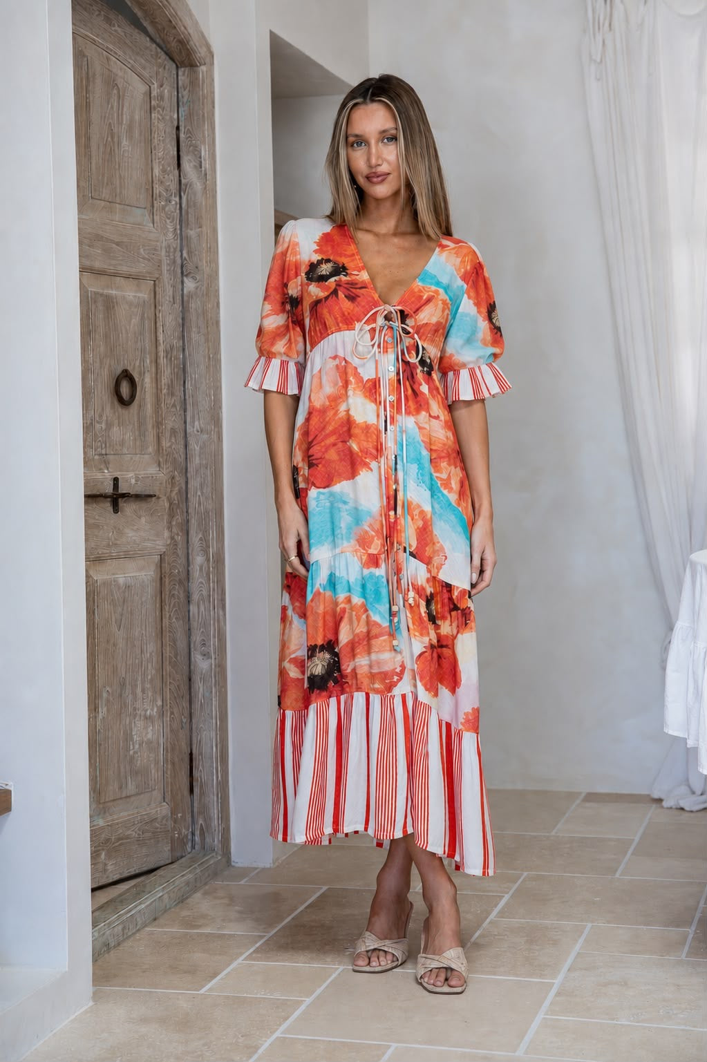Cactus Rose Spliced Maxi Dress - Flower Print