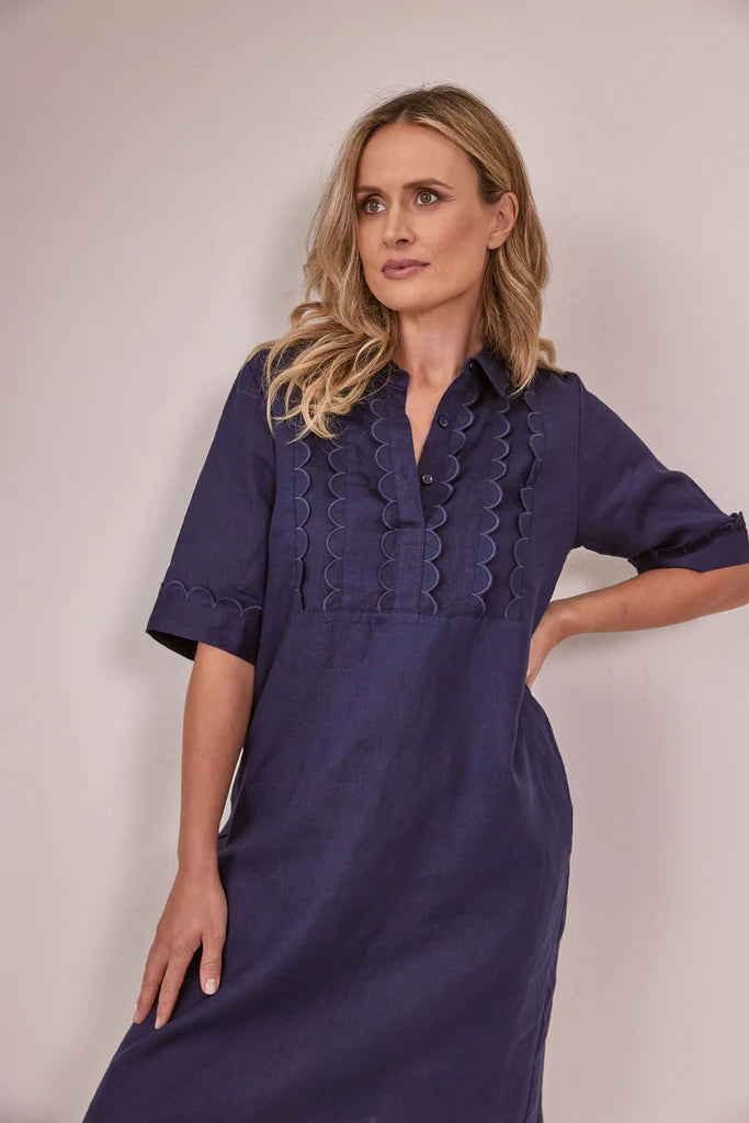 See Saw Collared 2 Pocket Lace Front Dress - Navy