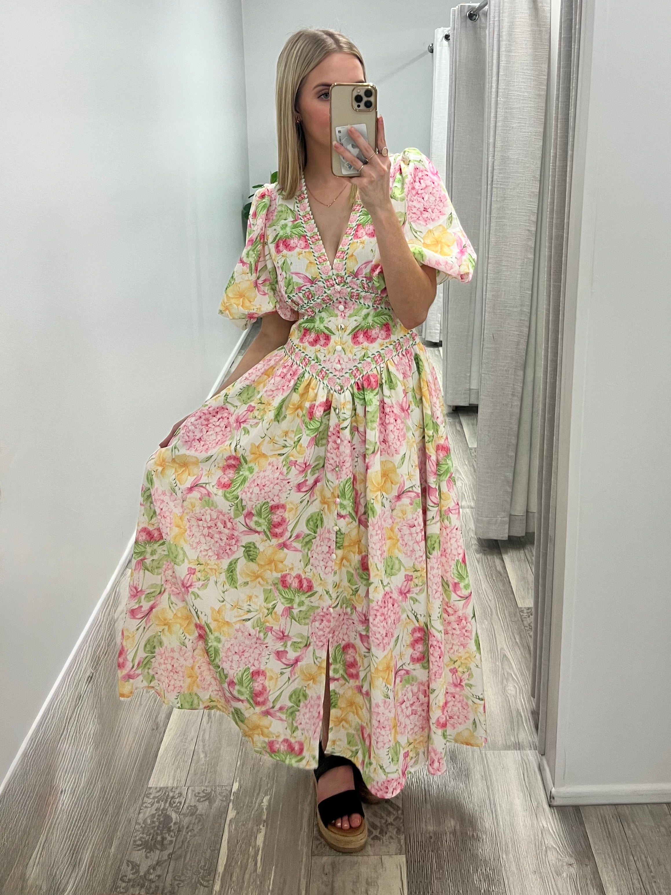 Lorraine Blooming Garden Maxi Dress - Pink/Lemon Floral