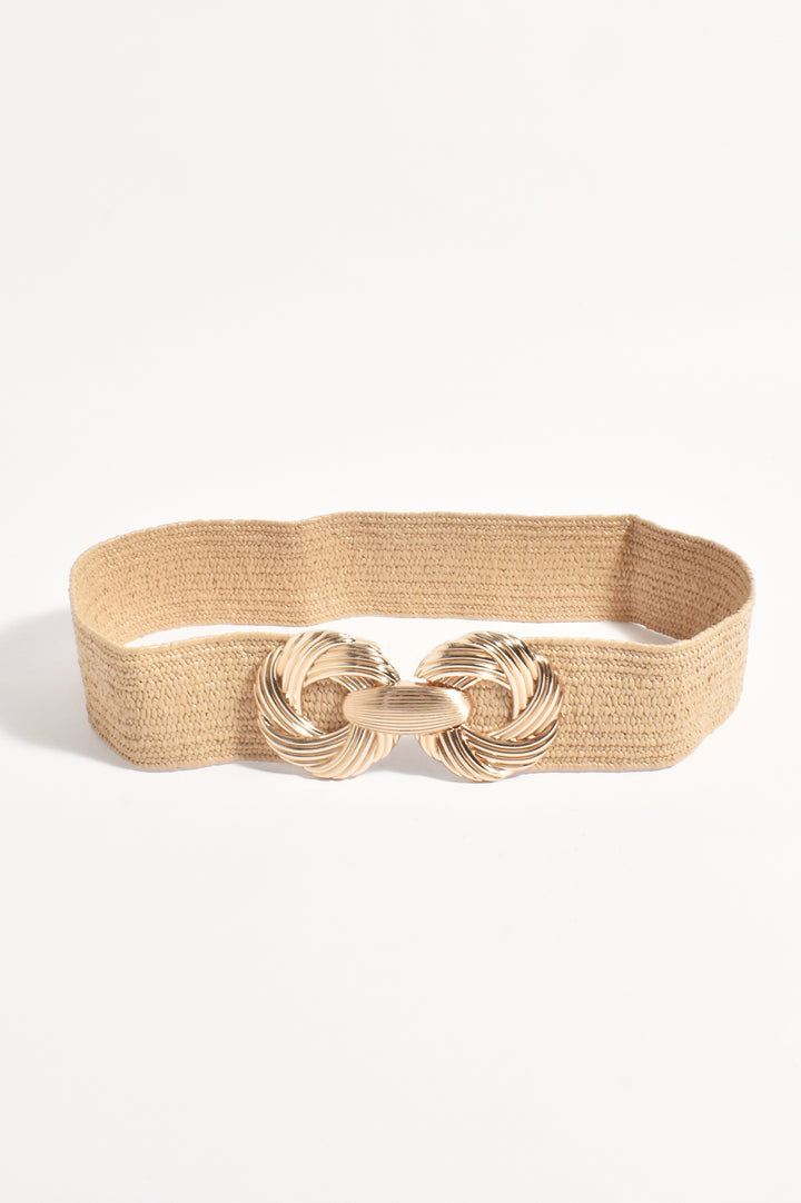 Adorne Oversized Swirl Buckle Stretch Belt - Camel