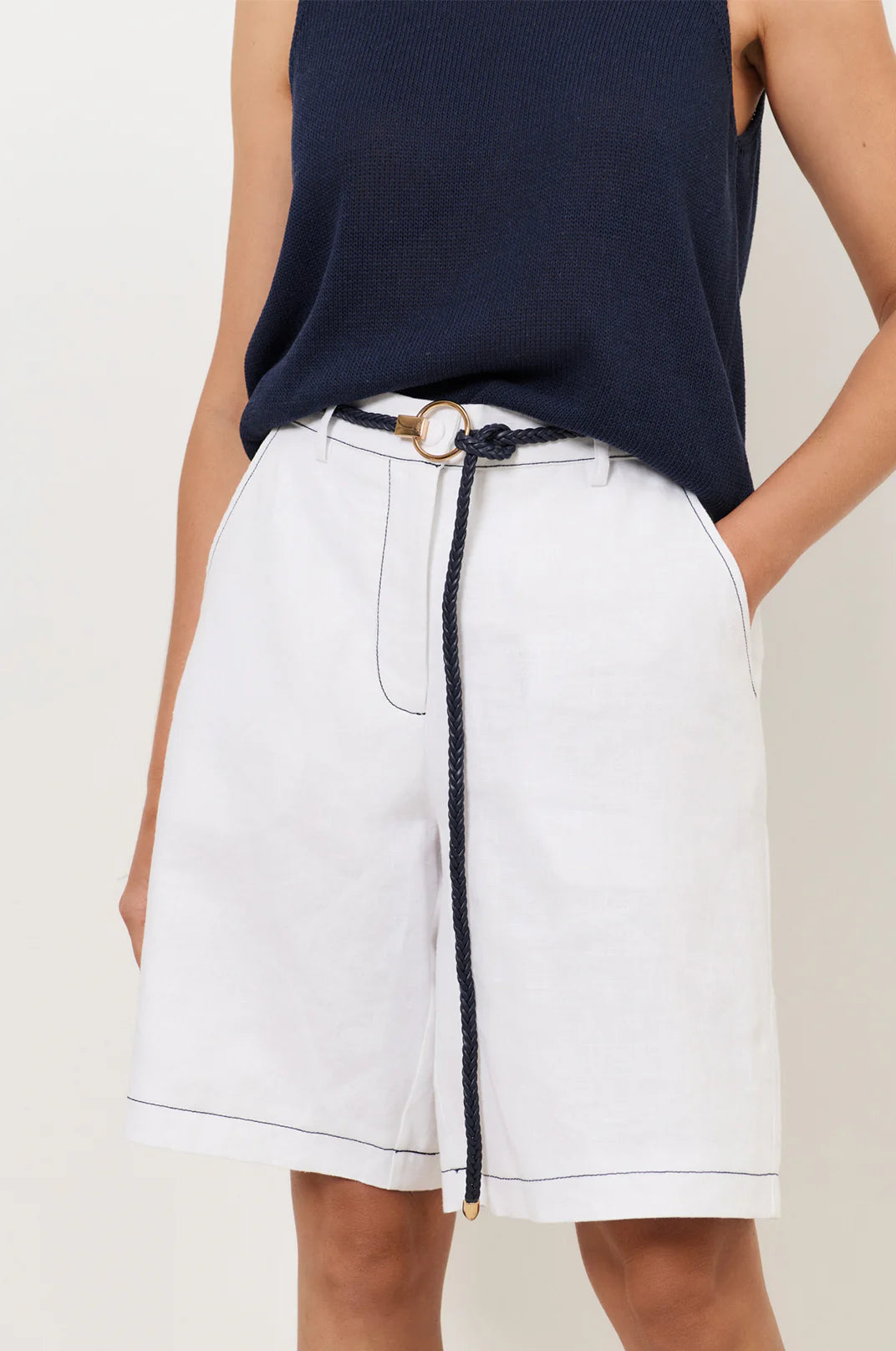Adorne Ring Front Plaited Tie Belt - Navy