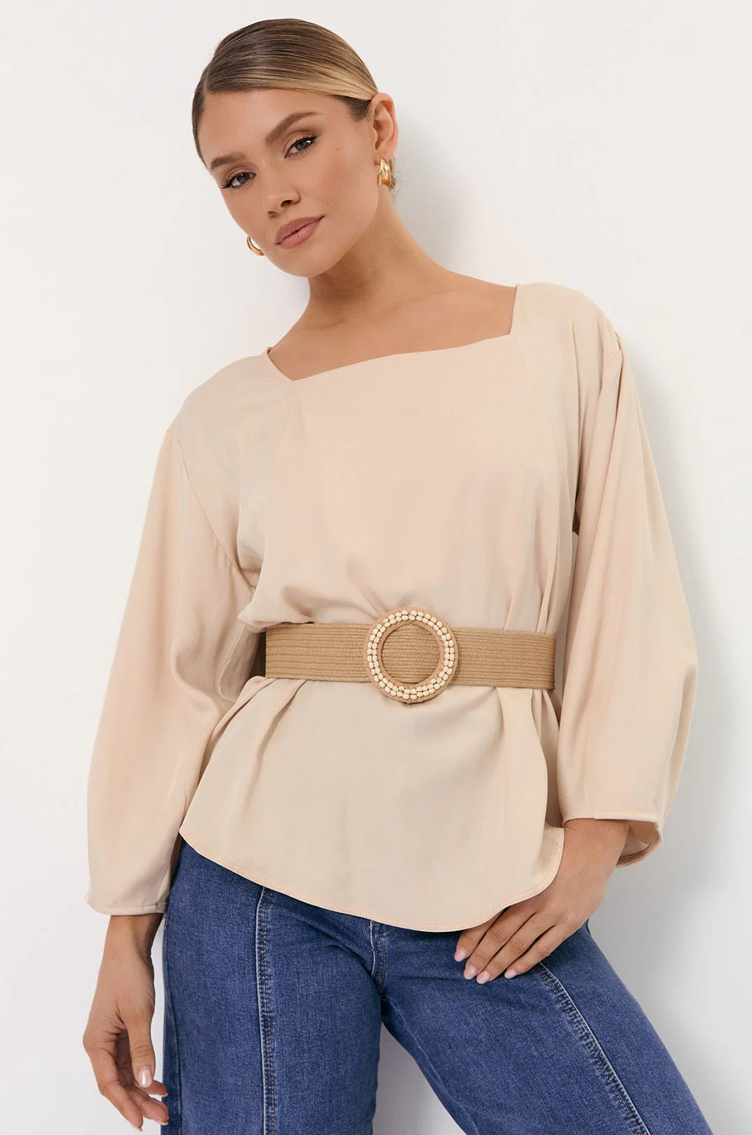 Adorne Bead Detail Buckle Stretch Belt - Natural