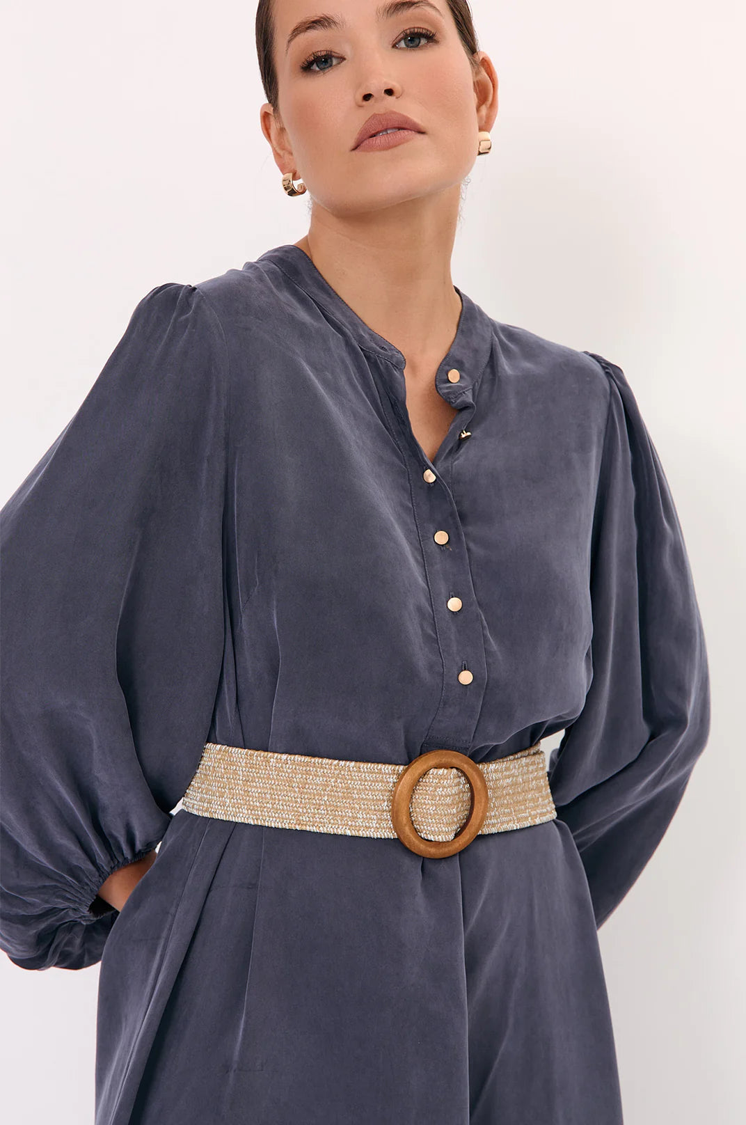 Adorne Round Buckle Metallic Thread Stretch Belt - Camel