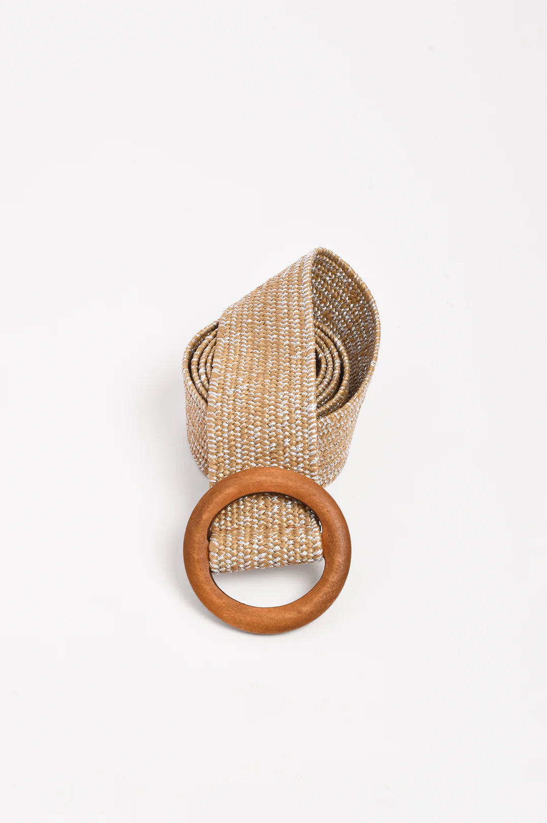 Adorne Round Buckle Metallic Thread Stretch Belt - Camel