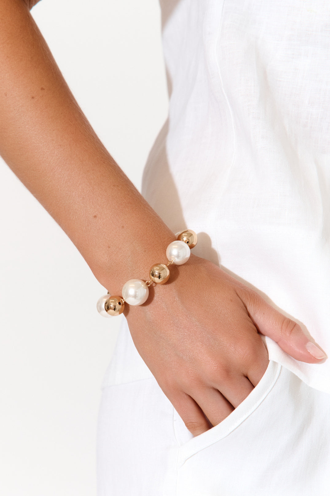 Adorne Faux Pearl Metal Ball Bracelet