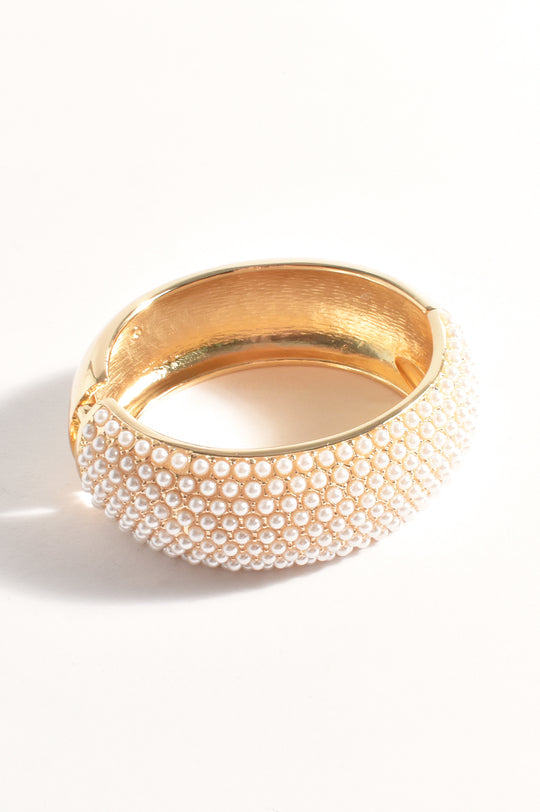 Adorne Faux Pearl Statement Bangle - Cream/Gold