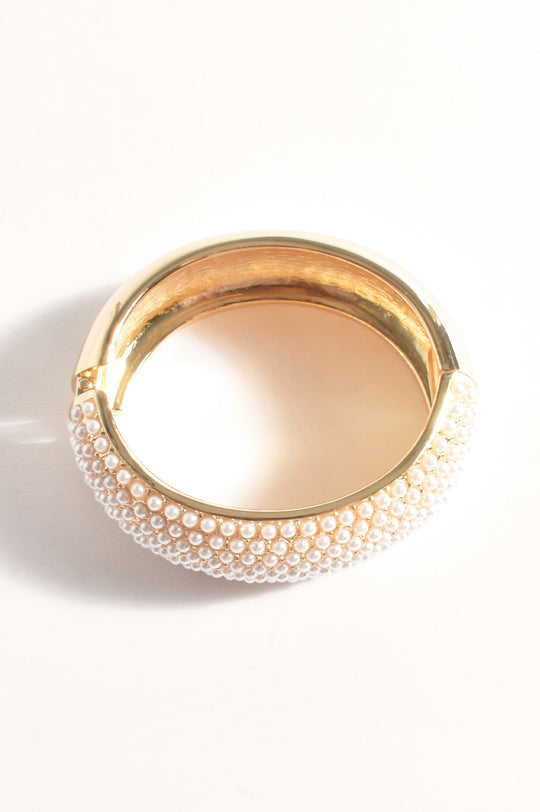 Adorne Faux Pearl Statement Bangle - Cream/Gold