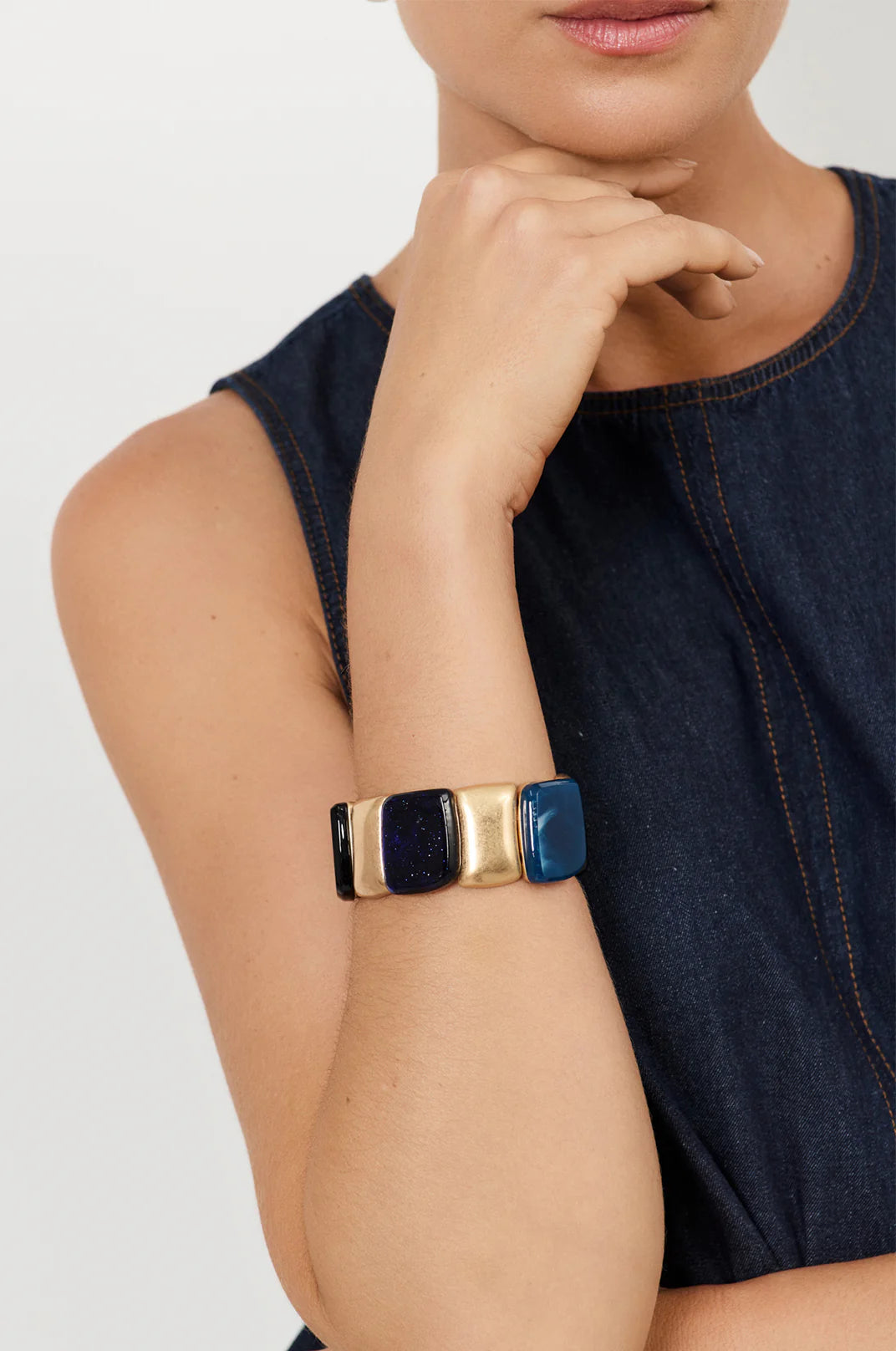 Adorne Resin Metal Panel Stretch Bracelet - Blue