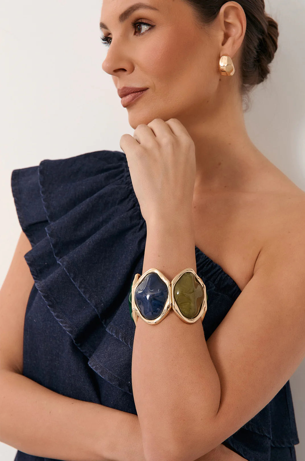 Adorne Metal Edged Resin Statement Stretch Cuff - Blue/Green