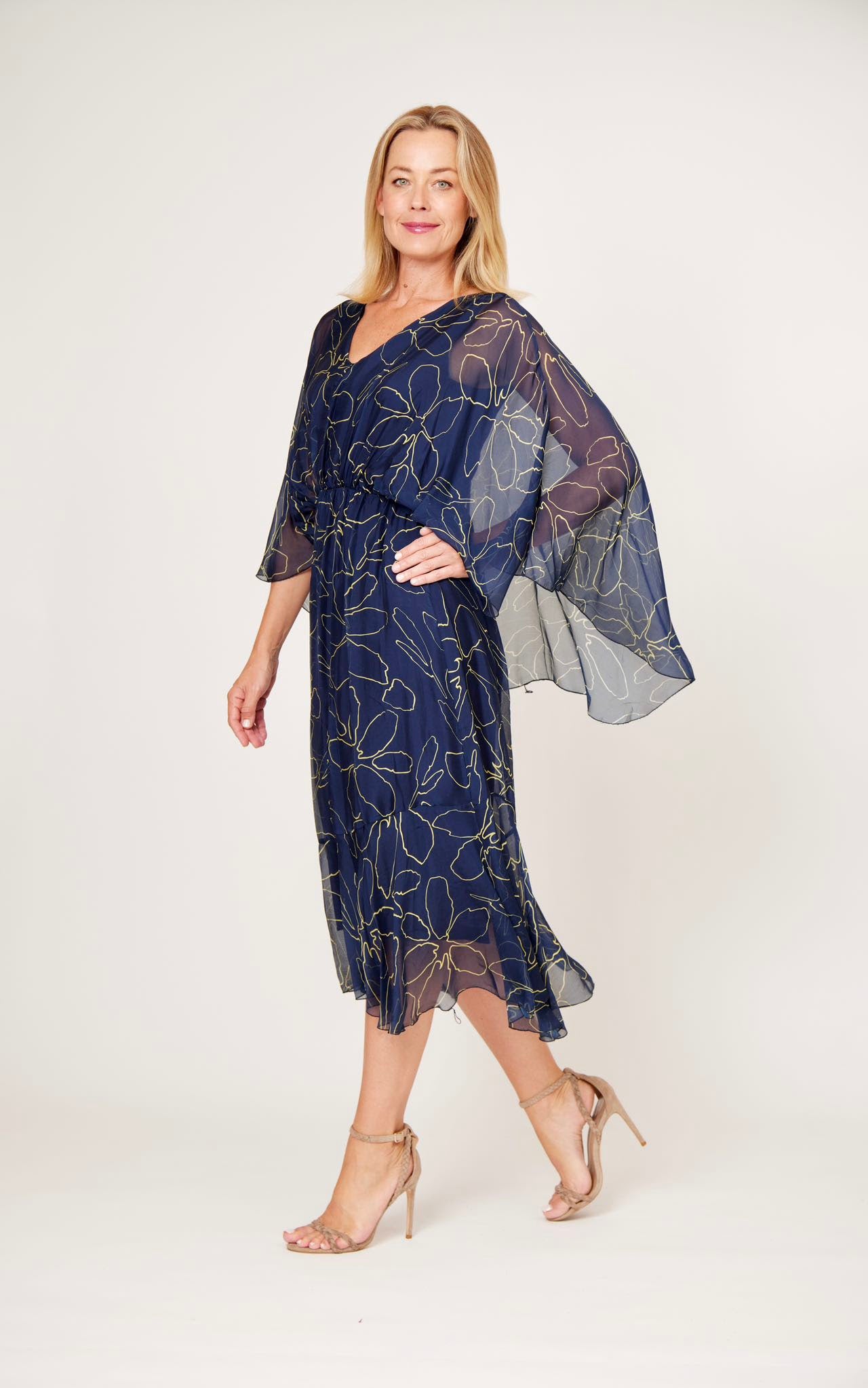 La Strada Navy/Gold Cape Silk Print Dress
