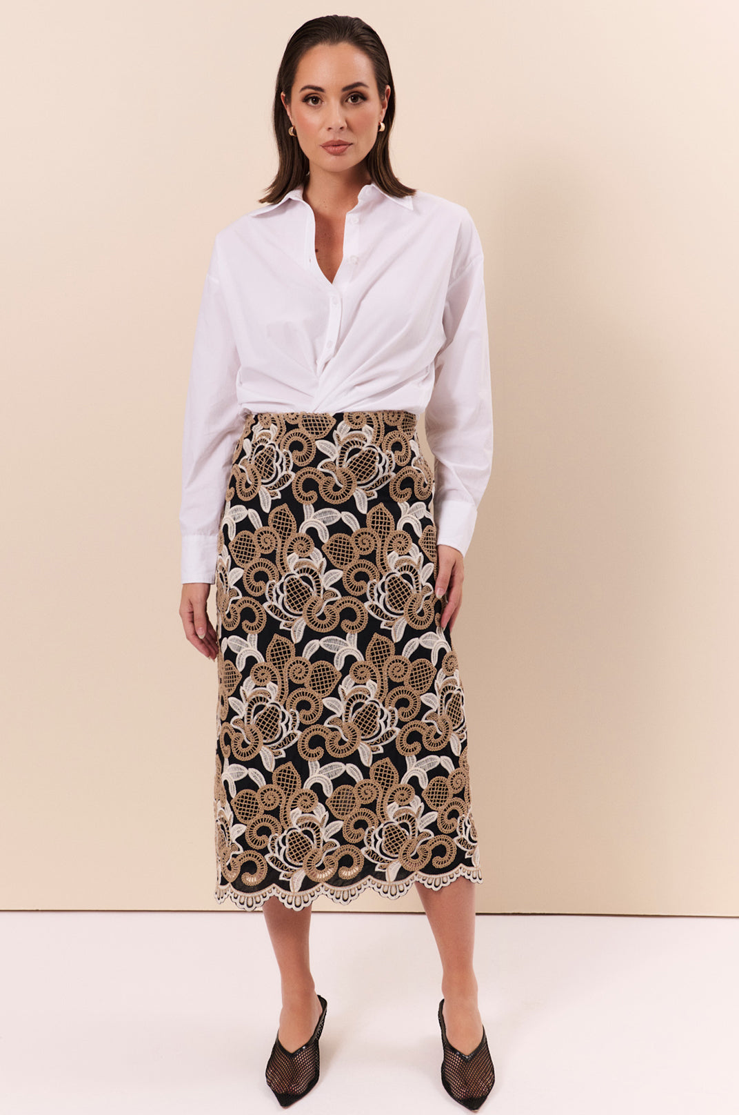 Adorne Denise Scalloped Hem Midi Skirt