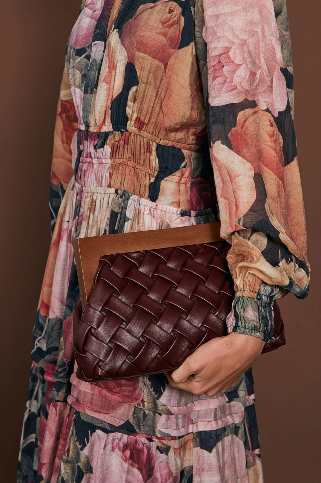 Adorne Vivienne Weave Timber Frame Clutch - Burgundy