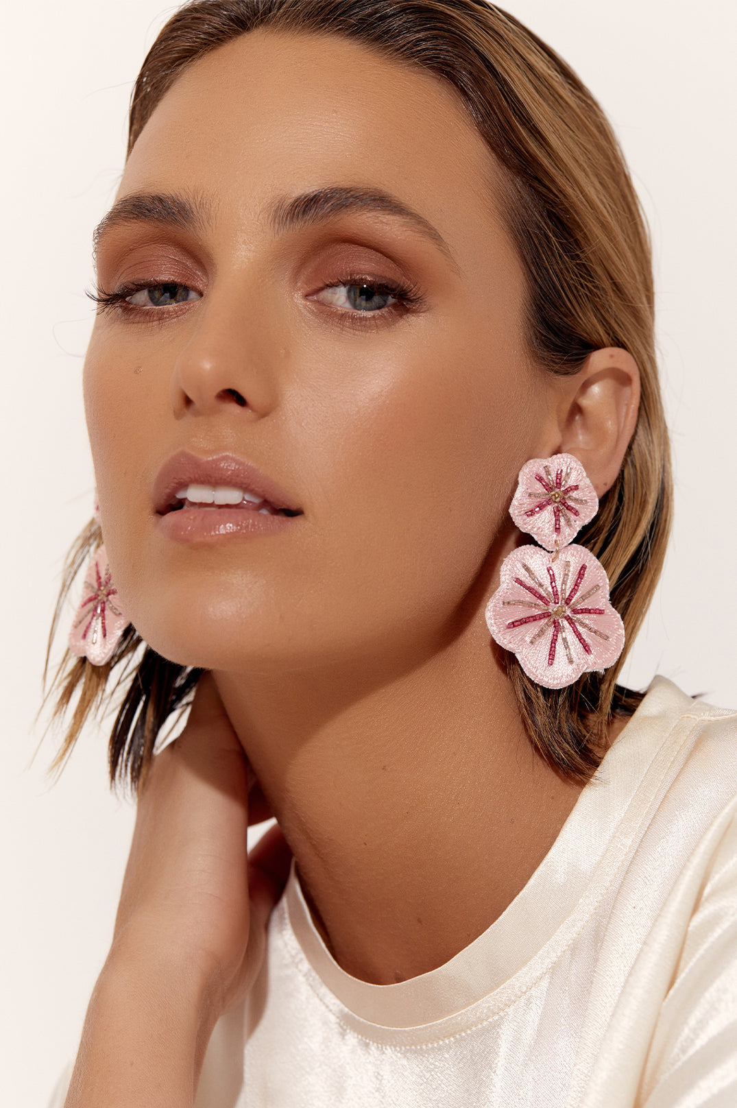 Adorne Double Stitched Flower Earrings - Pastel/Multi