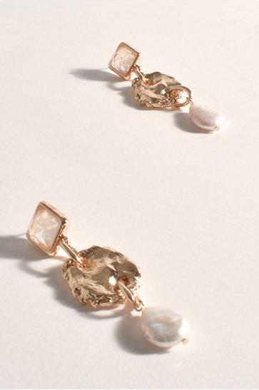 Adorne Stone Metal Pearl Drop Earrings - Cream/Gold