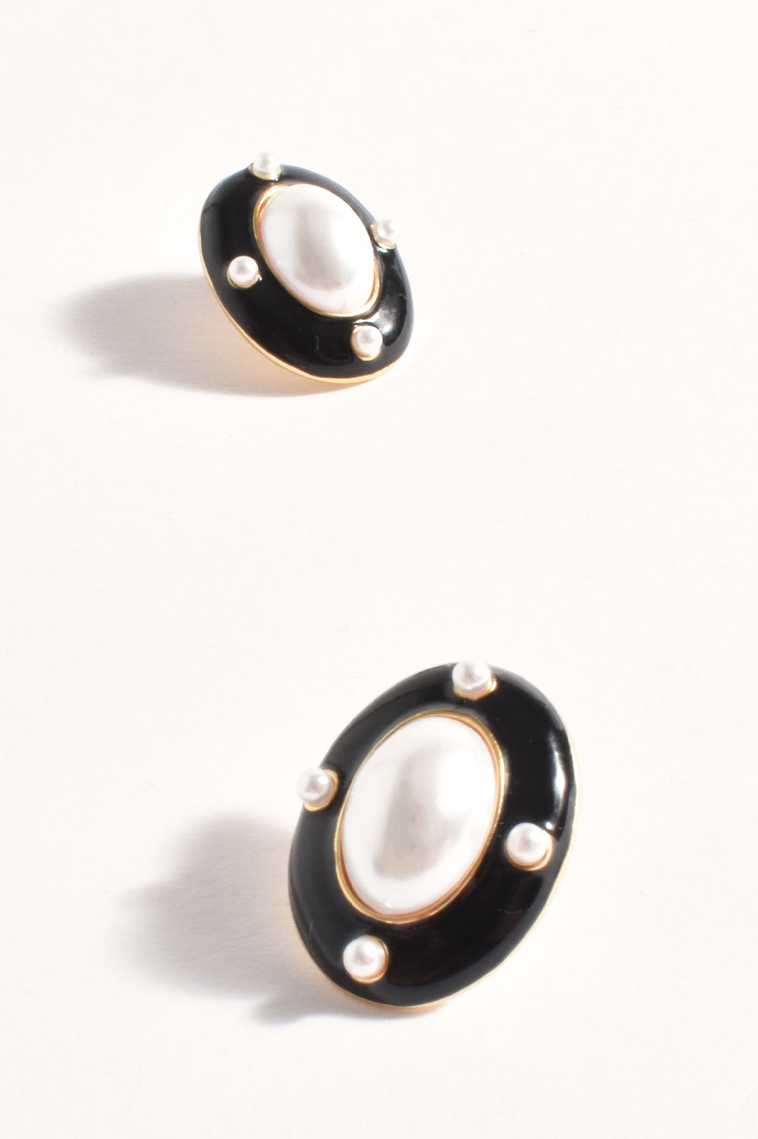 Adorne Enamel Edge Faux Pearl Earrings - Black/Cream