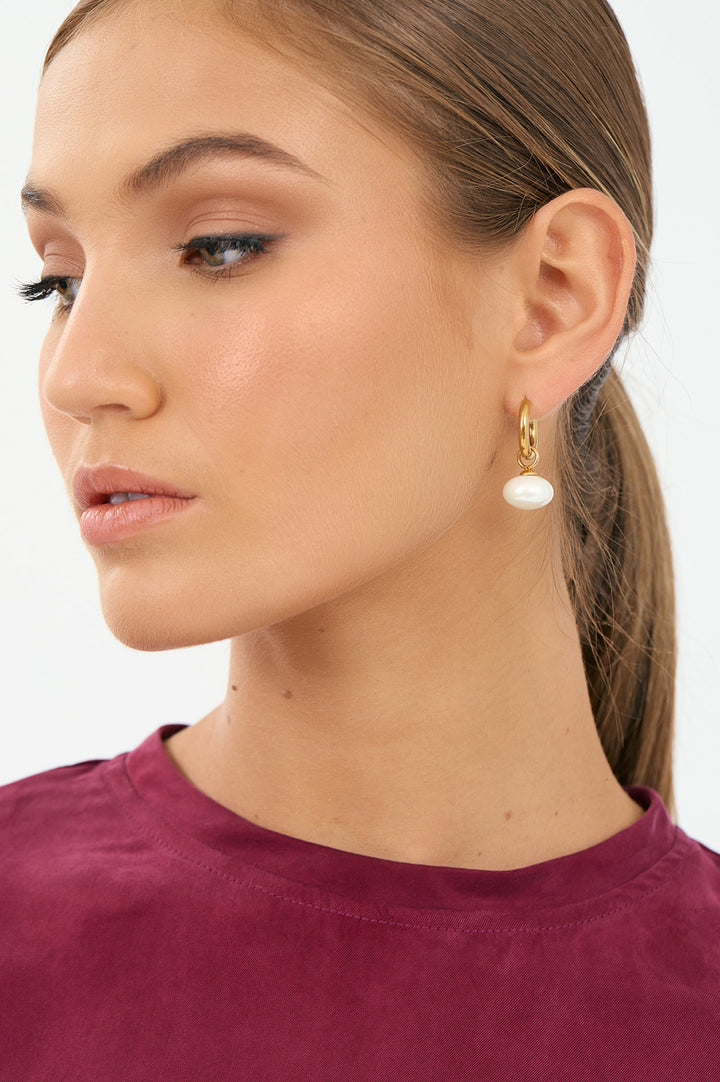 Adorne Dropped Pearl Mini Hoop Earrings - Gold