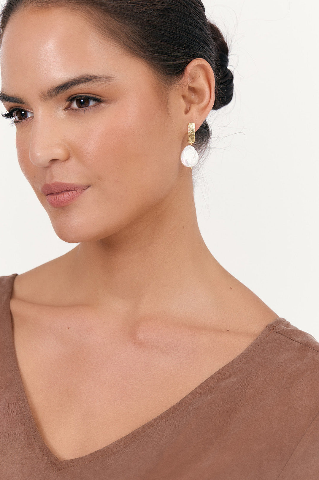 Adorne Textured Metal Top Pearl Drop Earrings - Cream/Gold