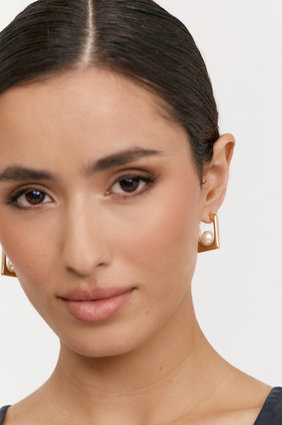 Adorne Faux Pearl Geo Hoops - Cream/Gold