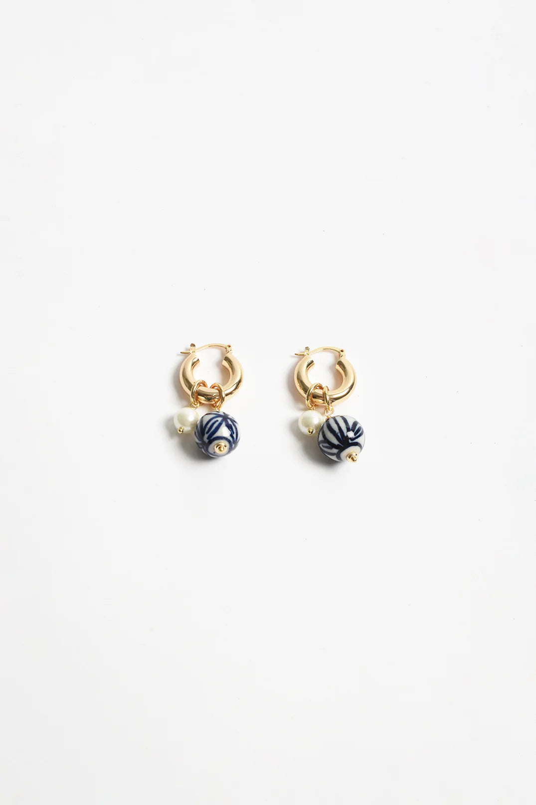 Adorne Patterned Porcelain Bead Pearl Hoops - Blue/Gold