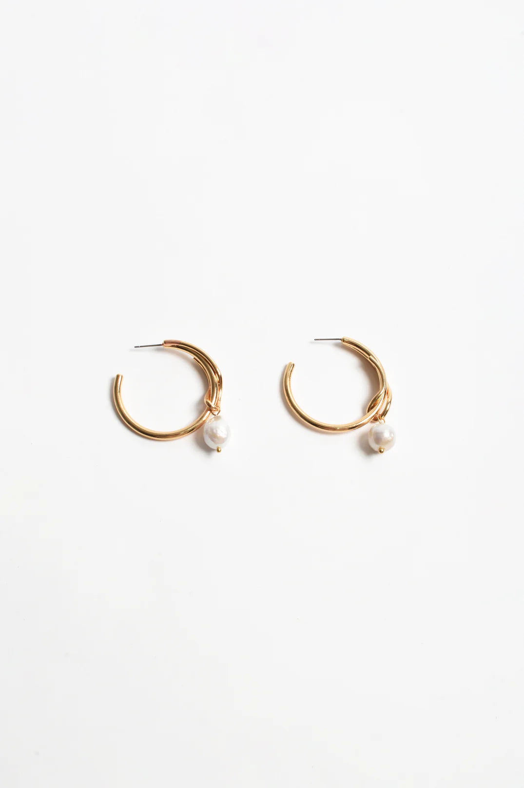 Adorne Pearl Drop Interest Mid Hoops - Gold