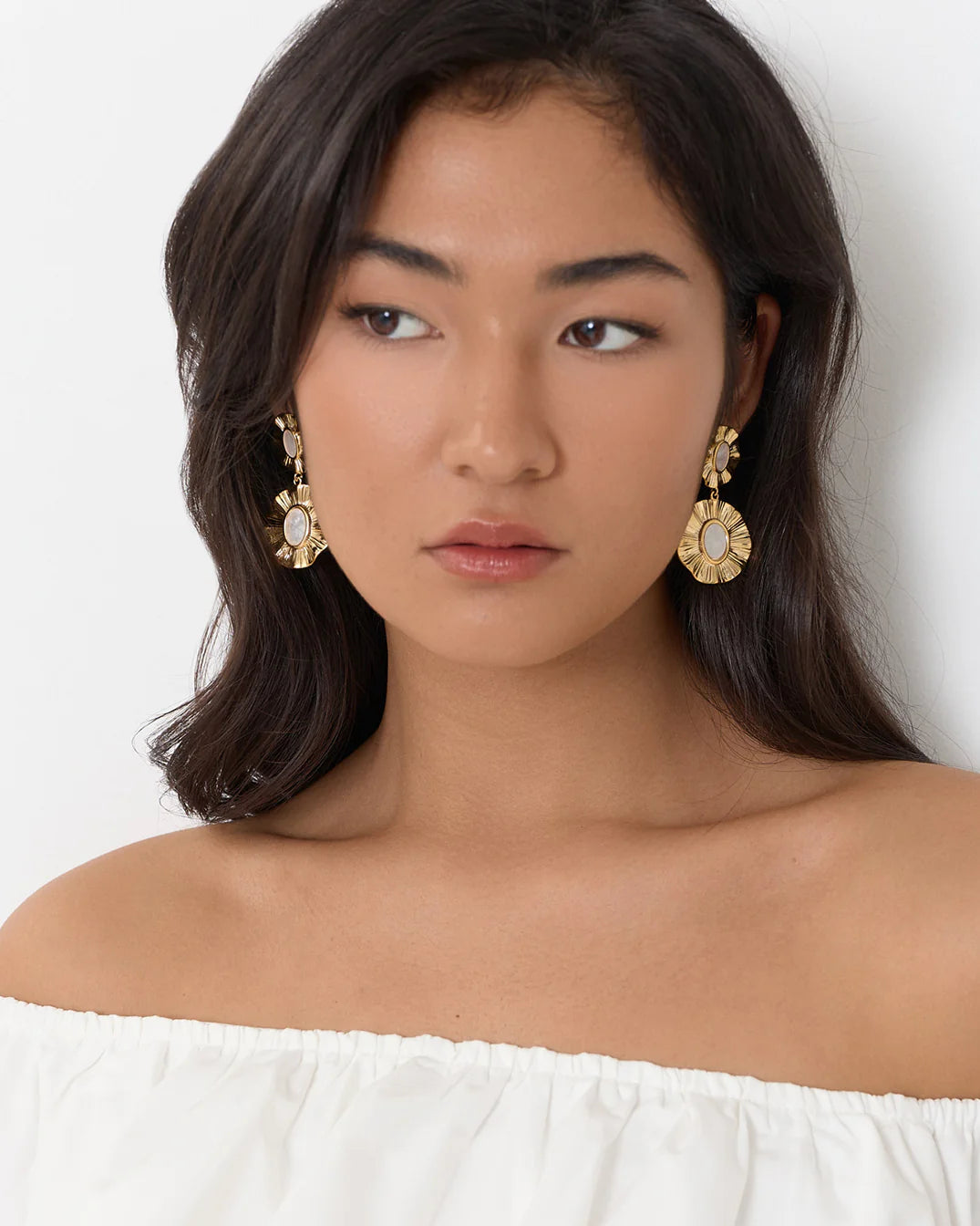 Adorne Petal Edge Double Drop Event Earrings - Cream/Gold