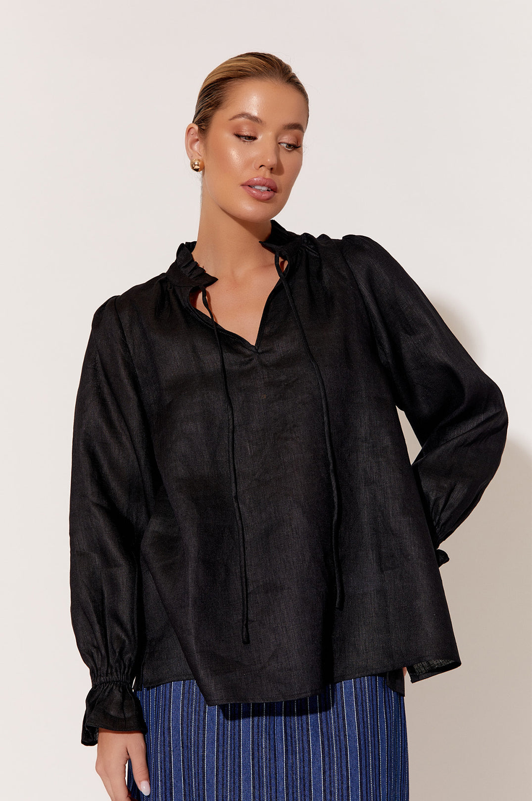 Adorne Sandra Long Sleeve Linen Top - Black