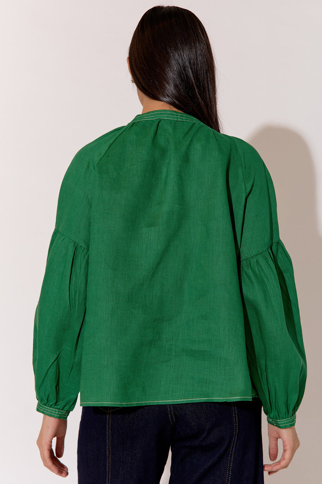 Adorne Tristan Contrast Stitch Linen Top - Green