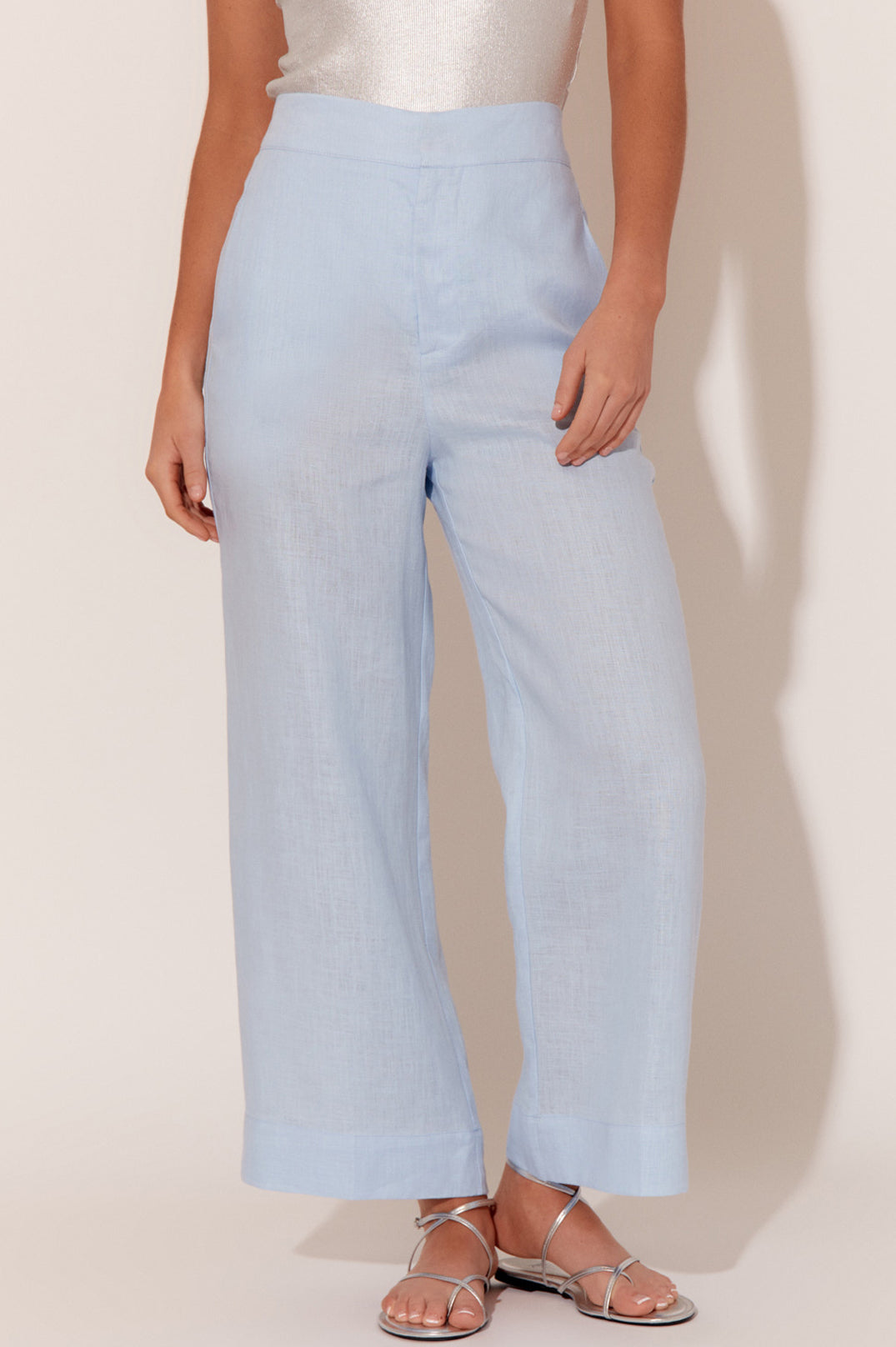 Adorne Nisha Cropped Linen Pant - Pale Blue