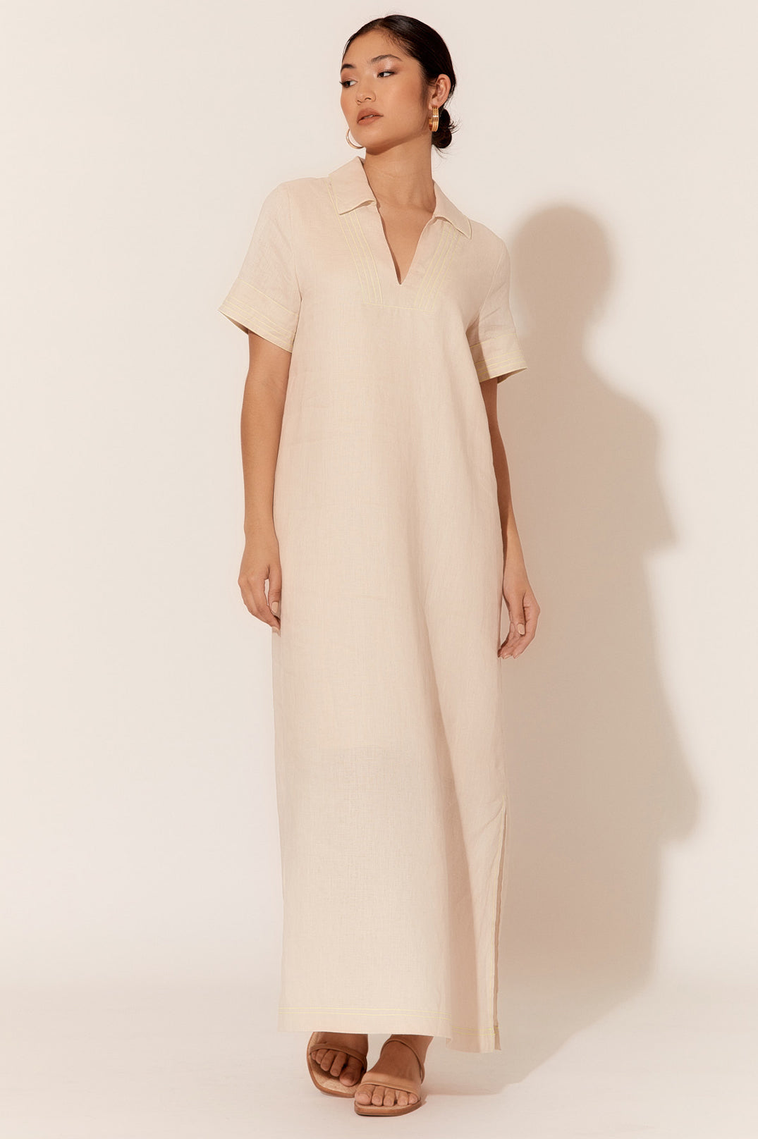 Adorne Melanie Contrast Stitch Linen Dress - Stone