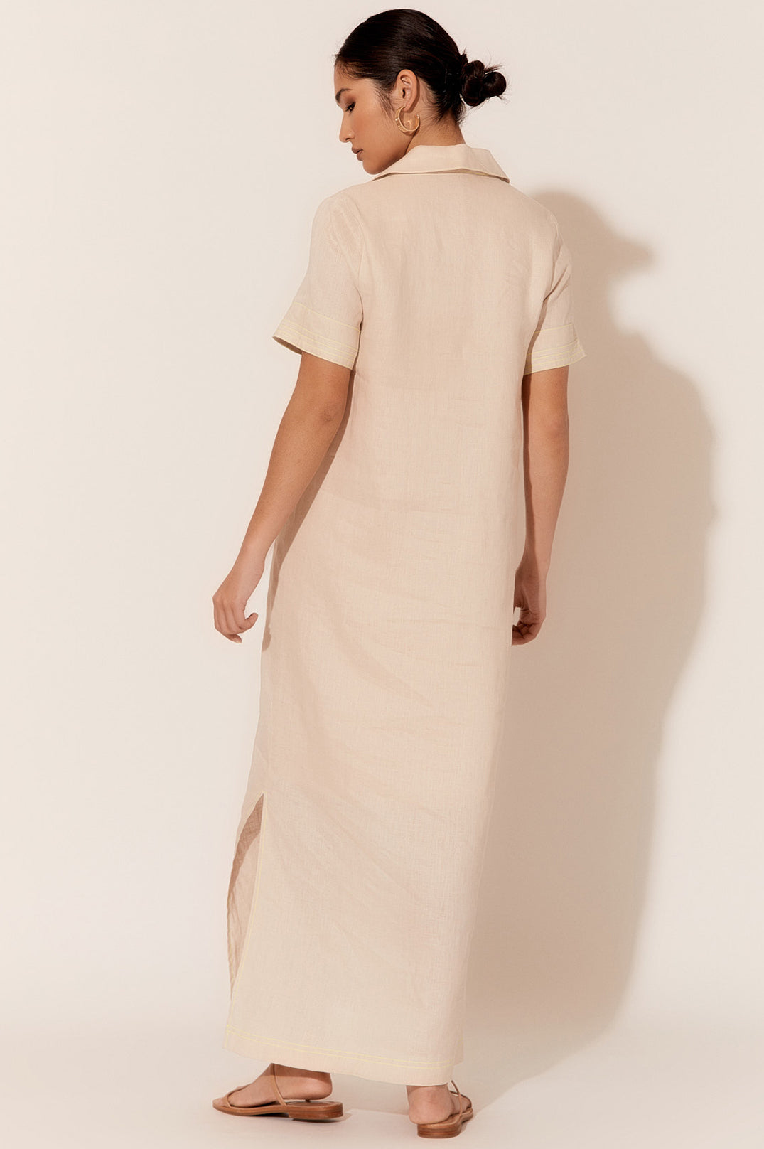 Adorne Melanie Contrast Stitch Linen Dress - Stone