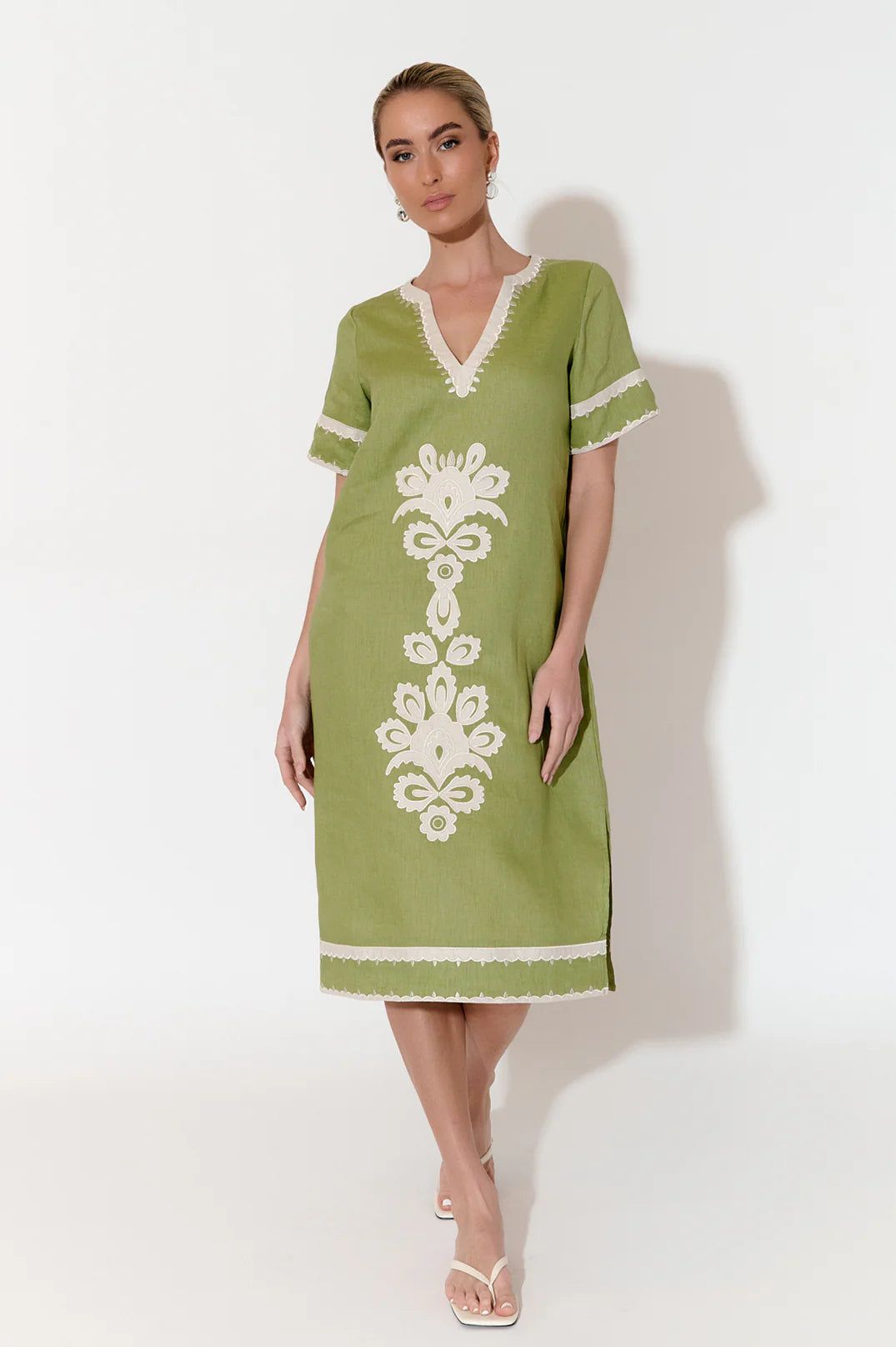 Adorne Archer Applique Linen Dress - Green