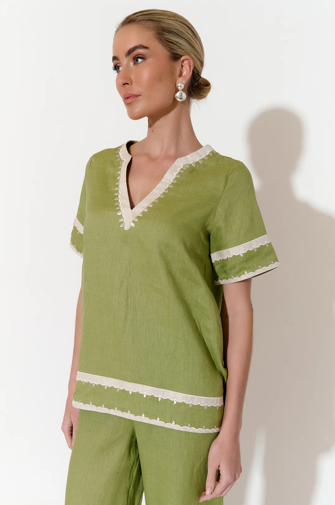 Adorne Archer Applique Linen Top - Green