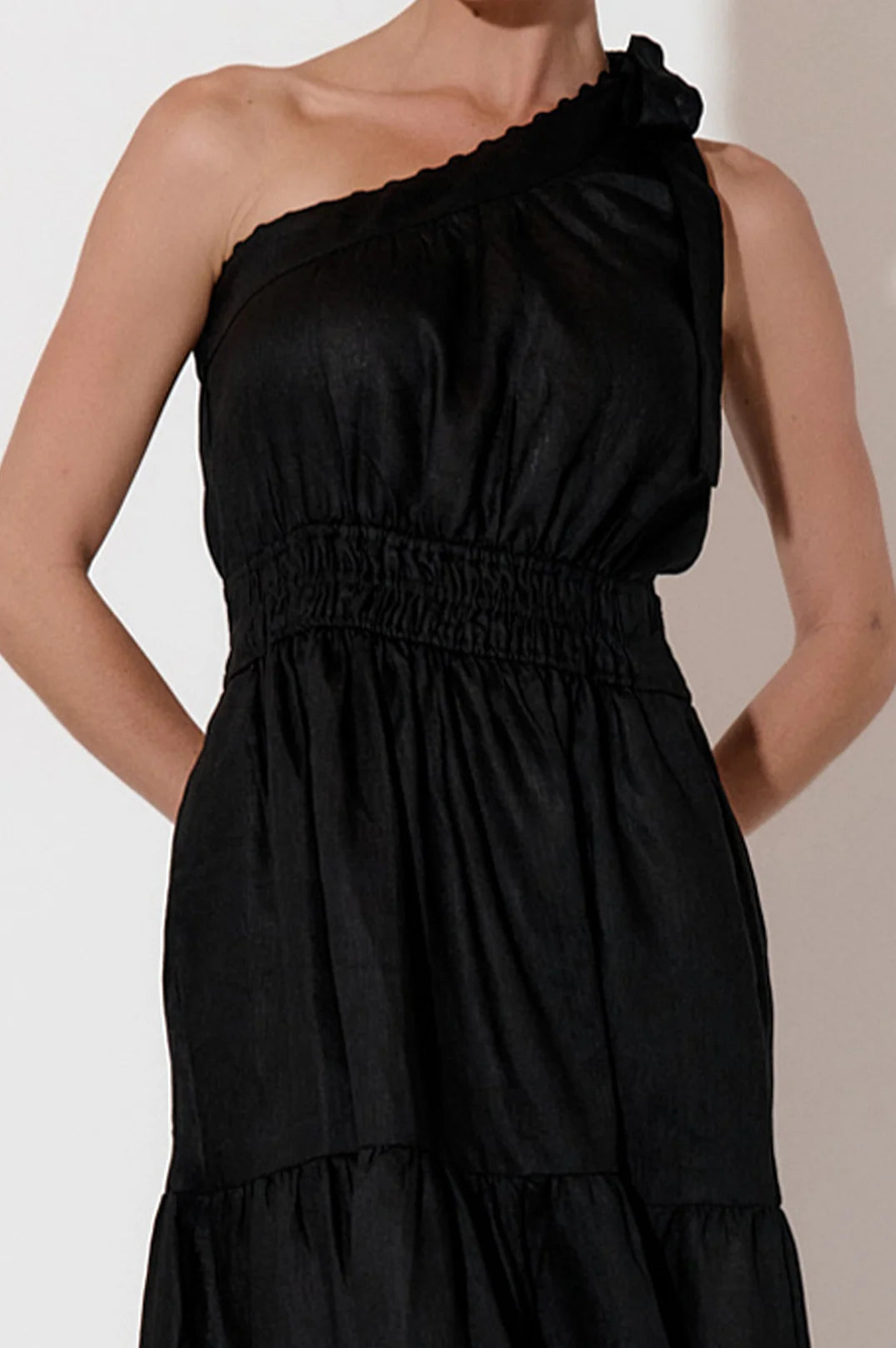 Adorne Eve One Shoulder Linen Dress - Black