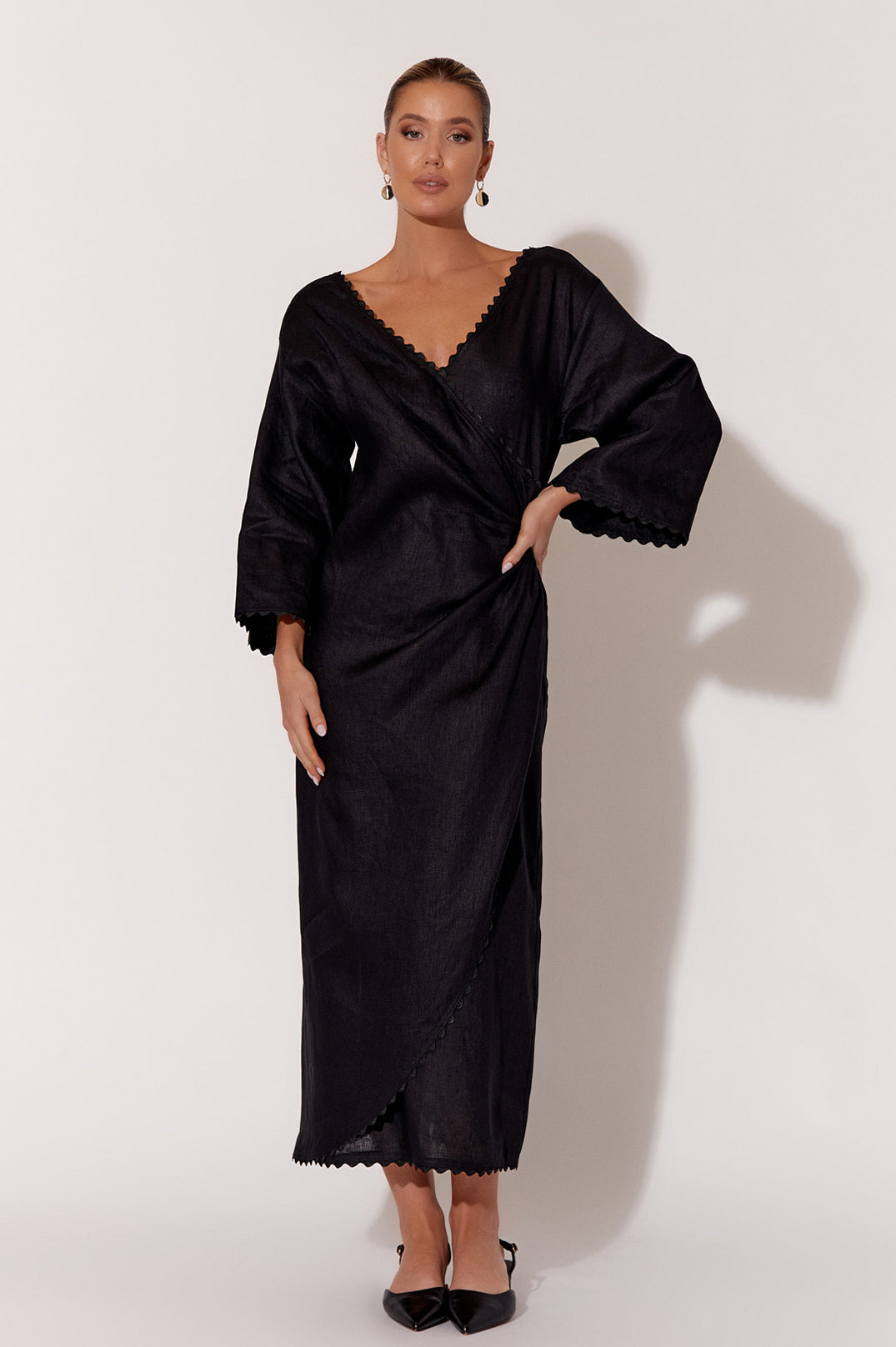Adorne Daphne Wrap Linen Dress - Black