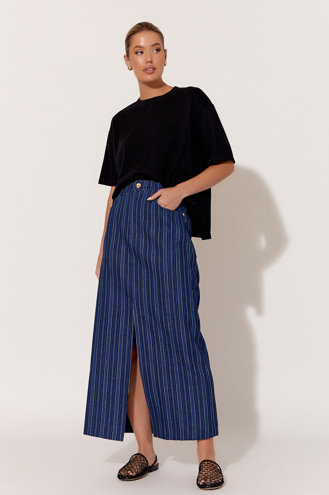 Adorne Asher Stripe Denim Skirt