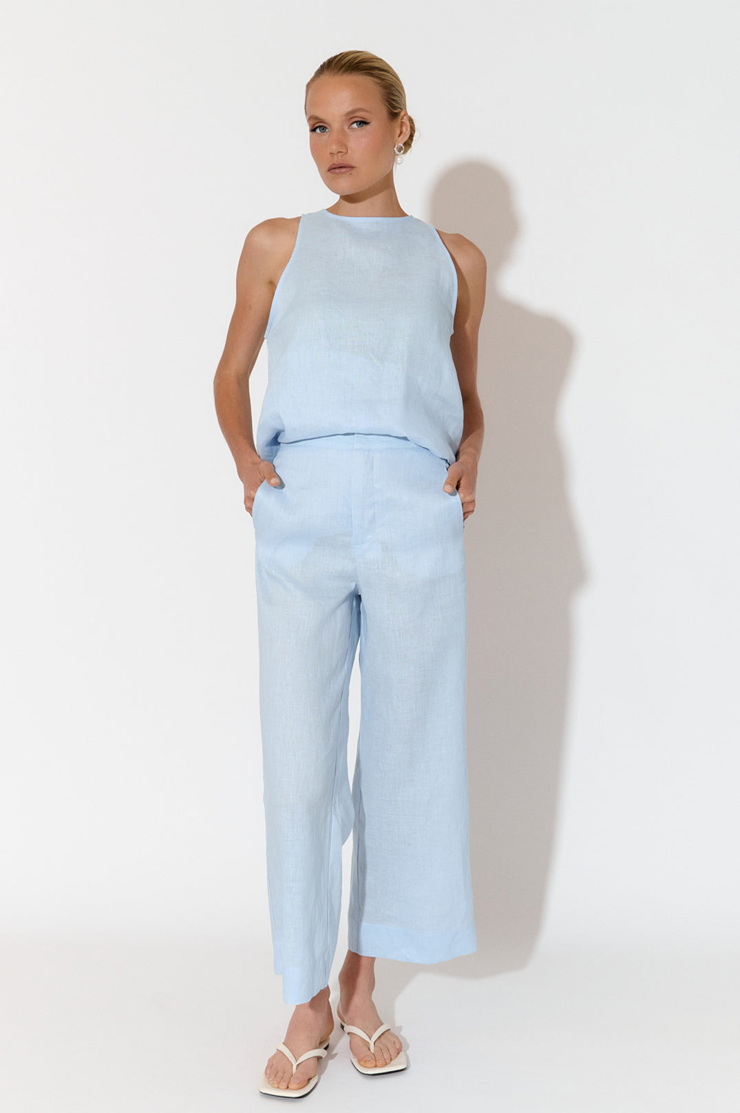 Adorne Nisha Cropped Linen Pant - Pale Blue