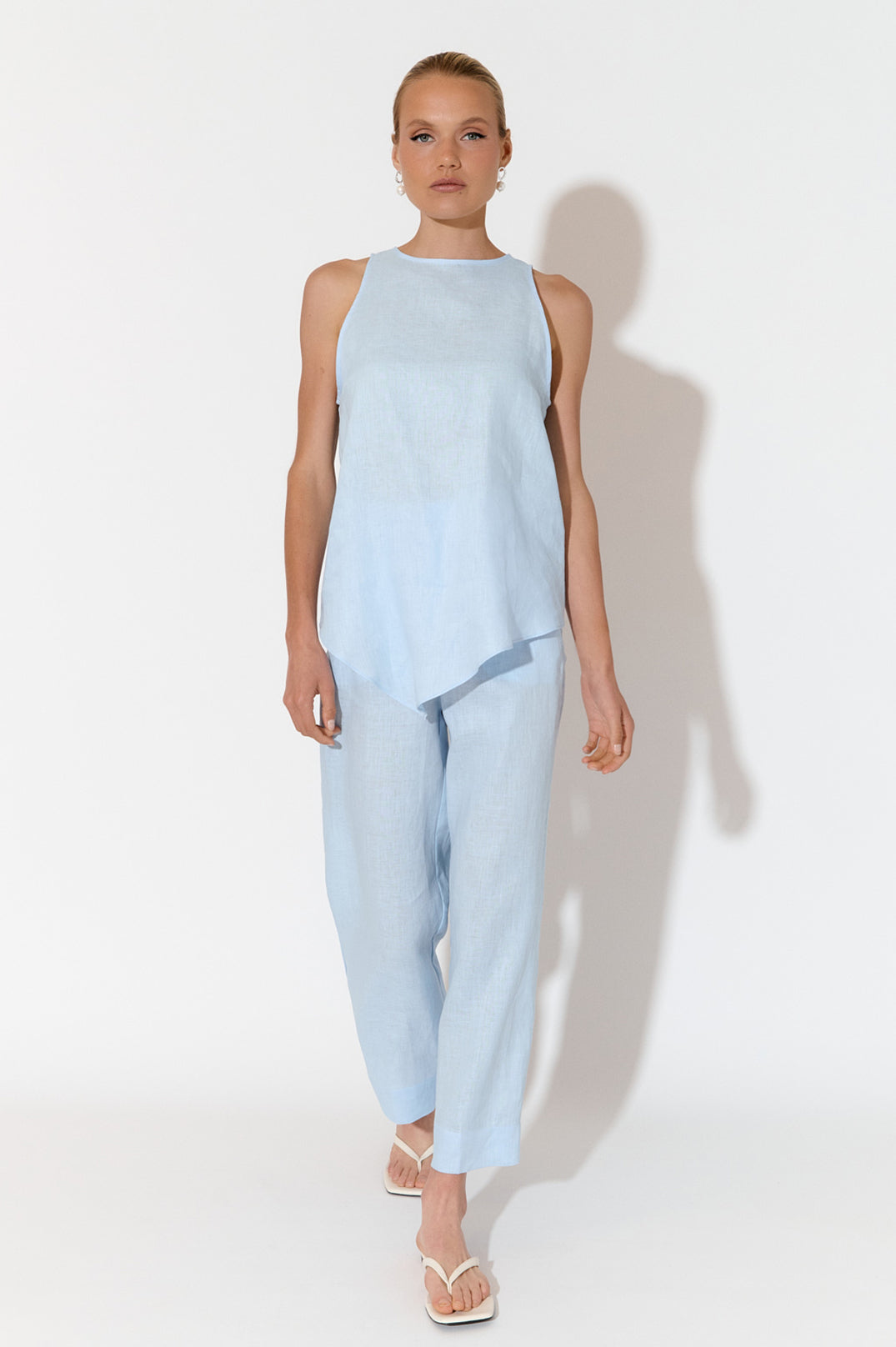 Adorne Nisha Cropped Linen Pant - Pale Blue