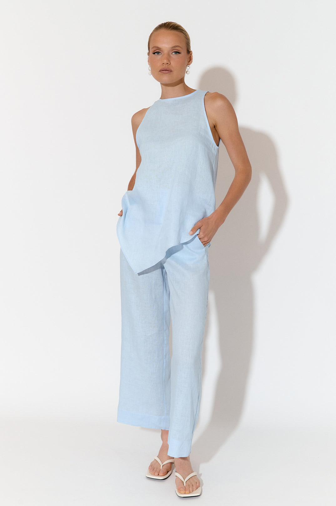 Adorne Nisha Cropped Linen Pant - Pale Blue