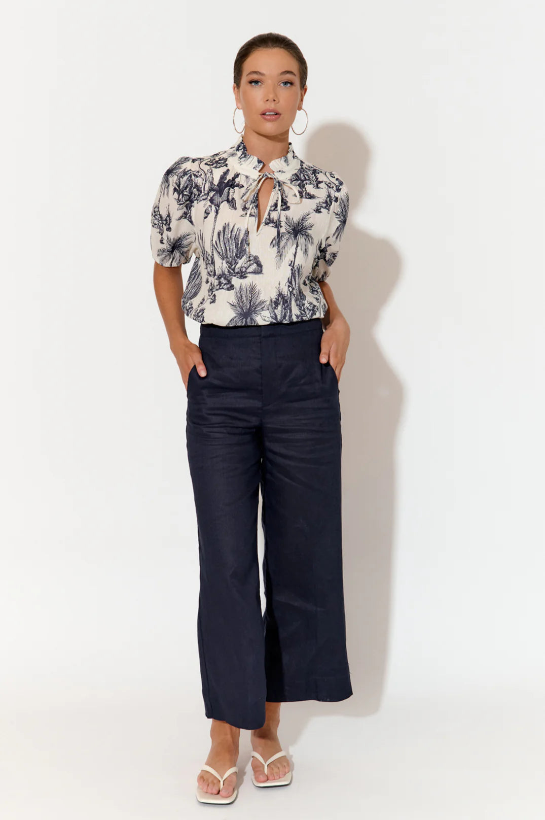 Adorne Nisha Cropped Linen Pant - Navy