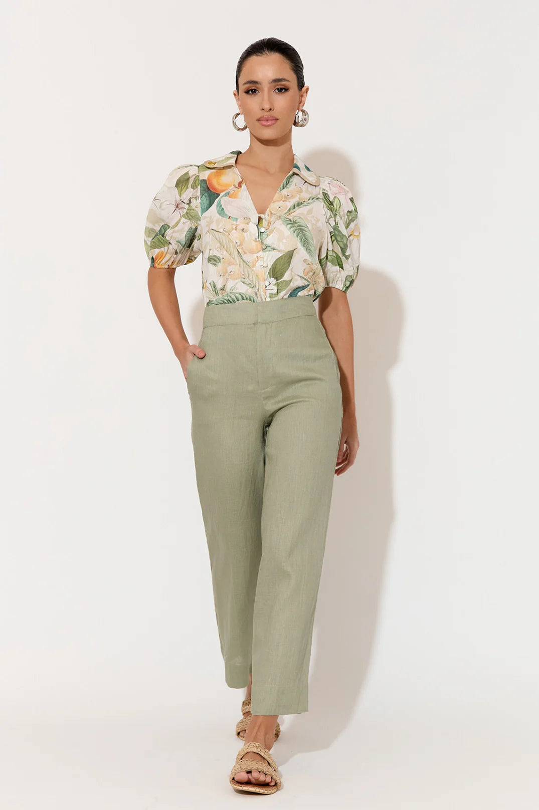 Adorne Nisha Cropped Linen Pant - Sage