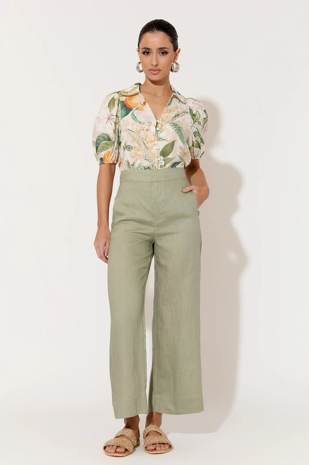 Adorne Nisha Cropped Linen Pant - Sage