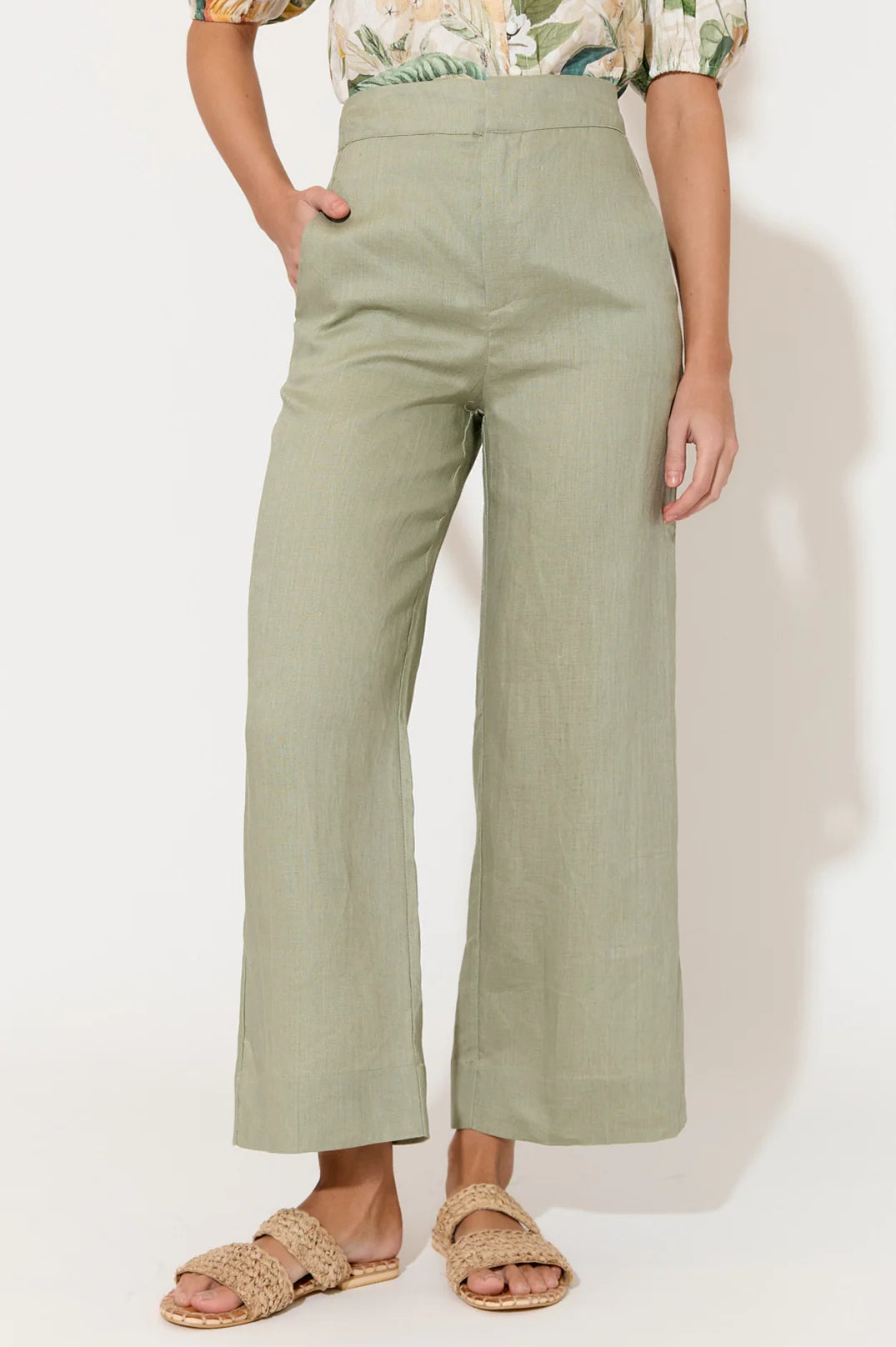 Adorne Nisha Cropped Linen Pant - Sage