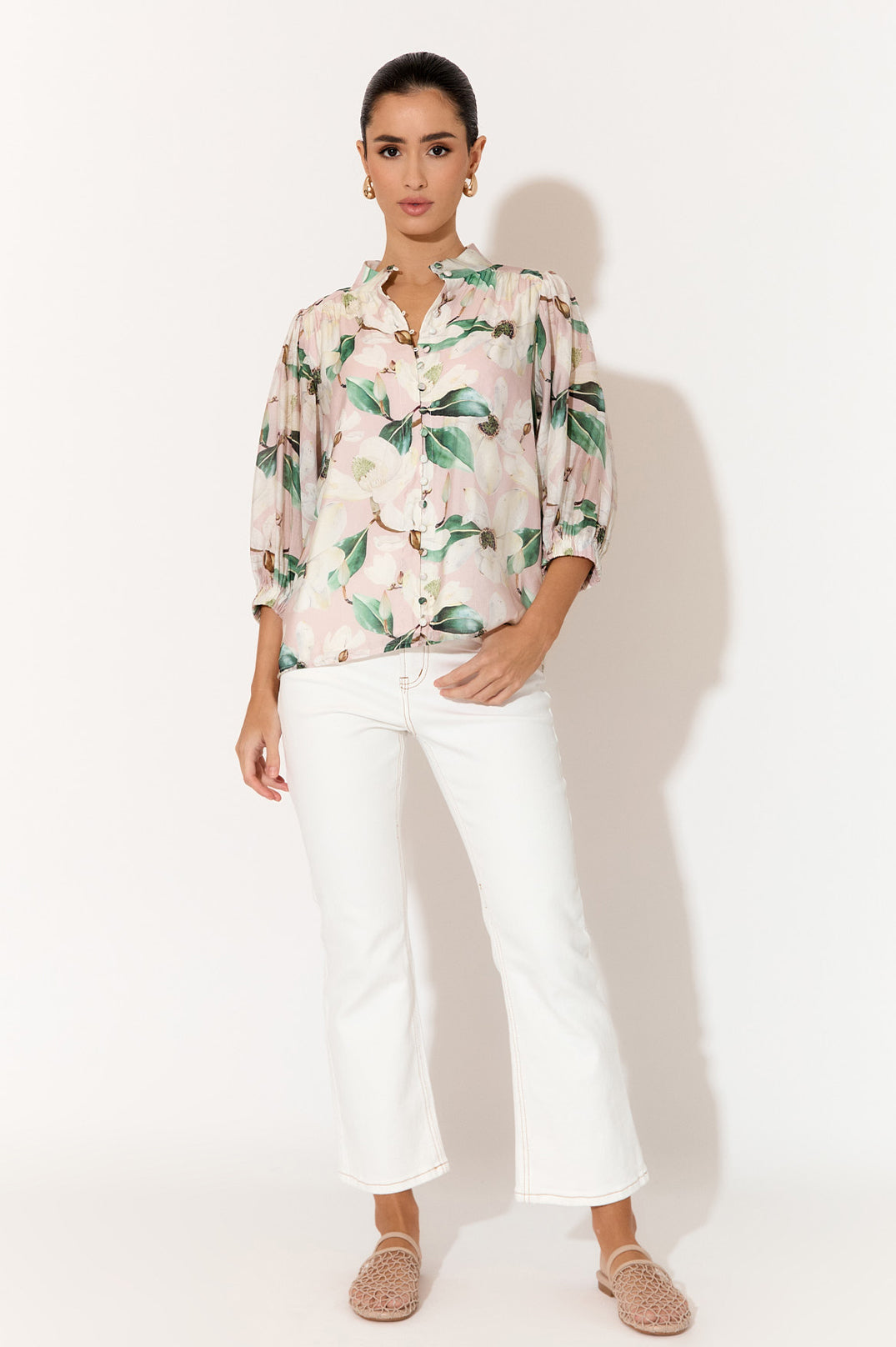 Adorne Lilian Magnolia Print 3/4 Sleeve Shirt