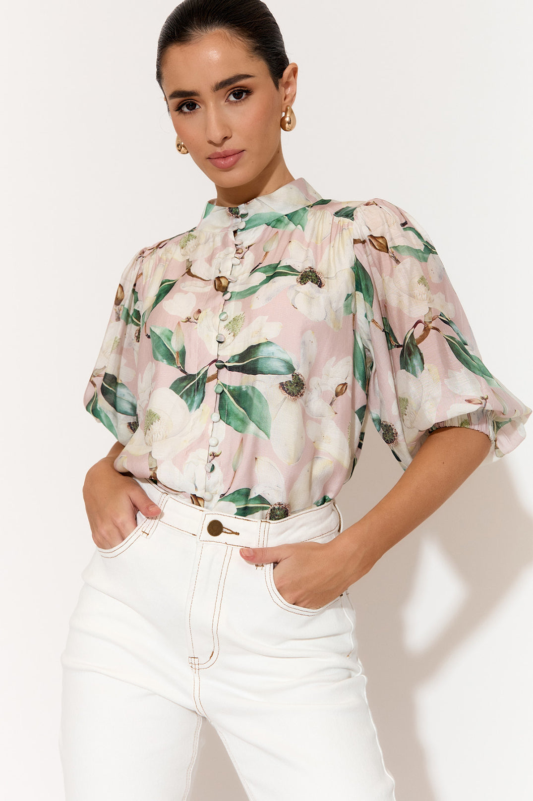 Adorne Lilian Magnolia Print 3/4 Sleeve Shirt