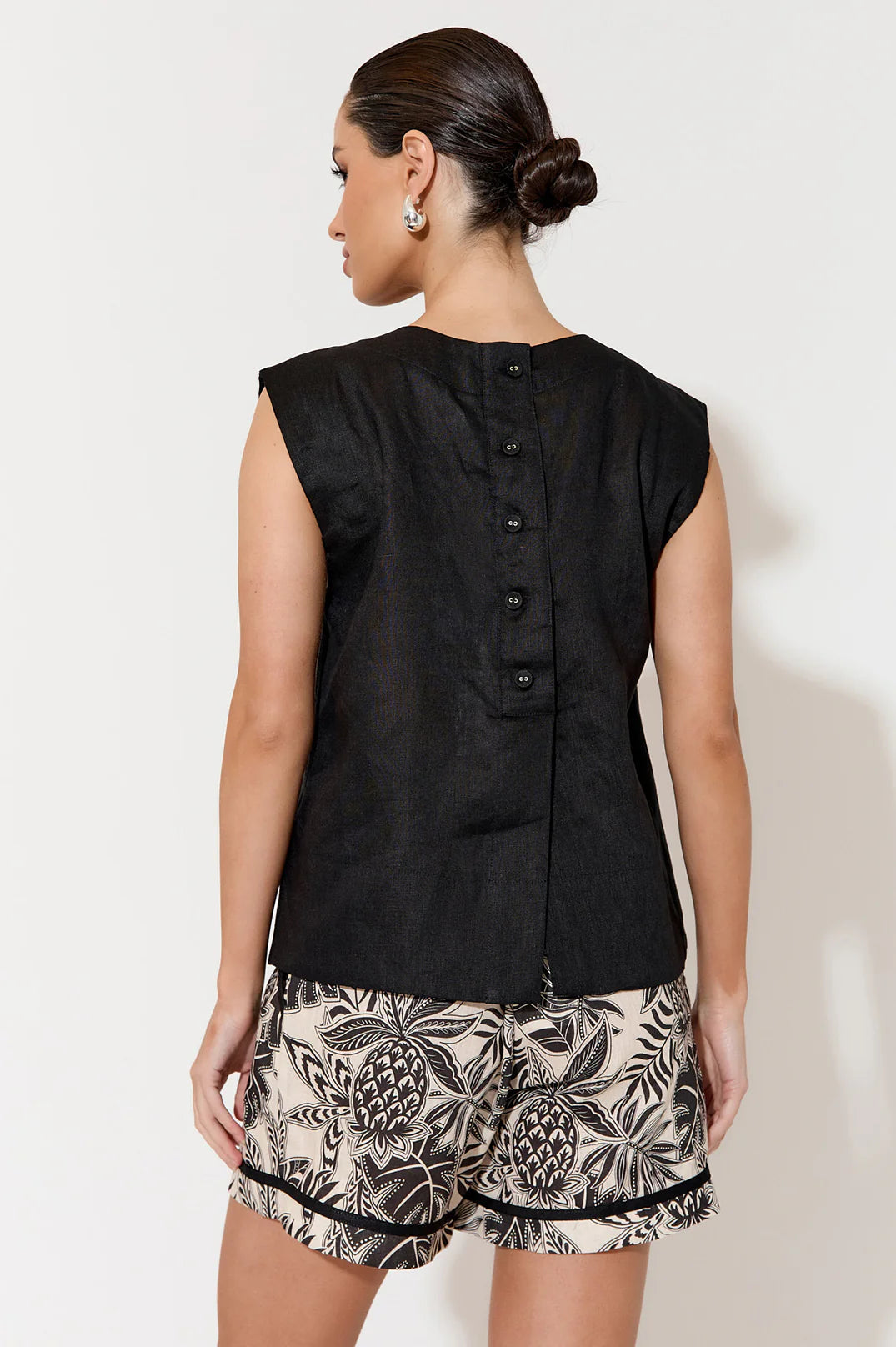 Adorne Kita Linen Button Back Top - Black