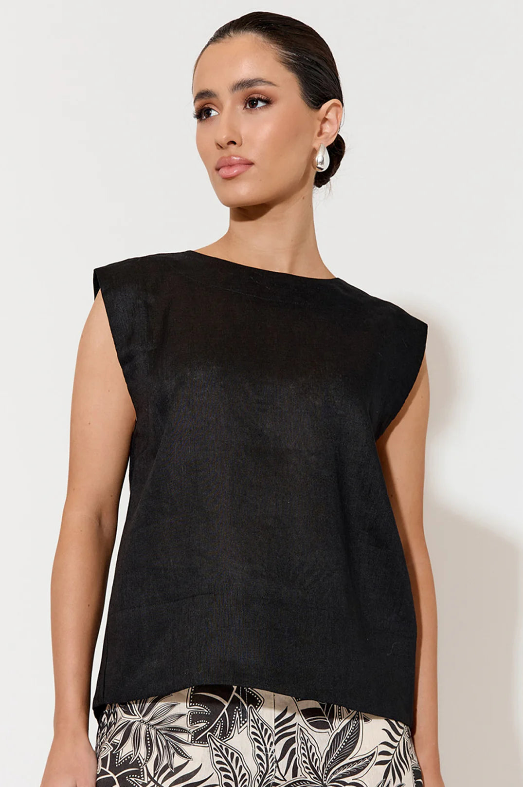 Adorne Kita Linen Button Back Top - Black