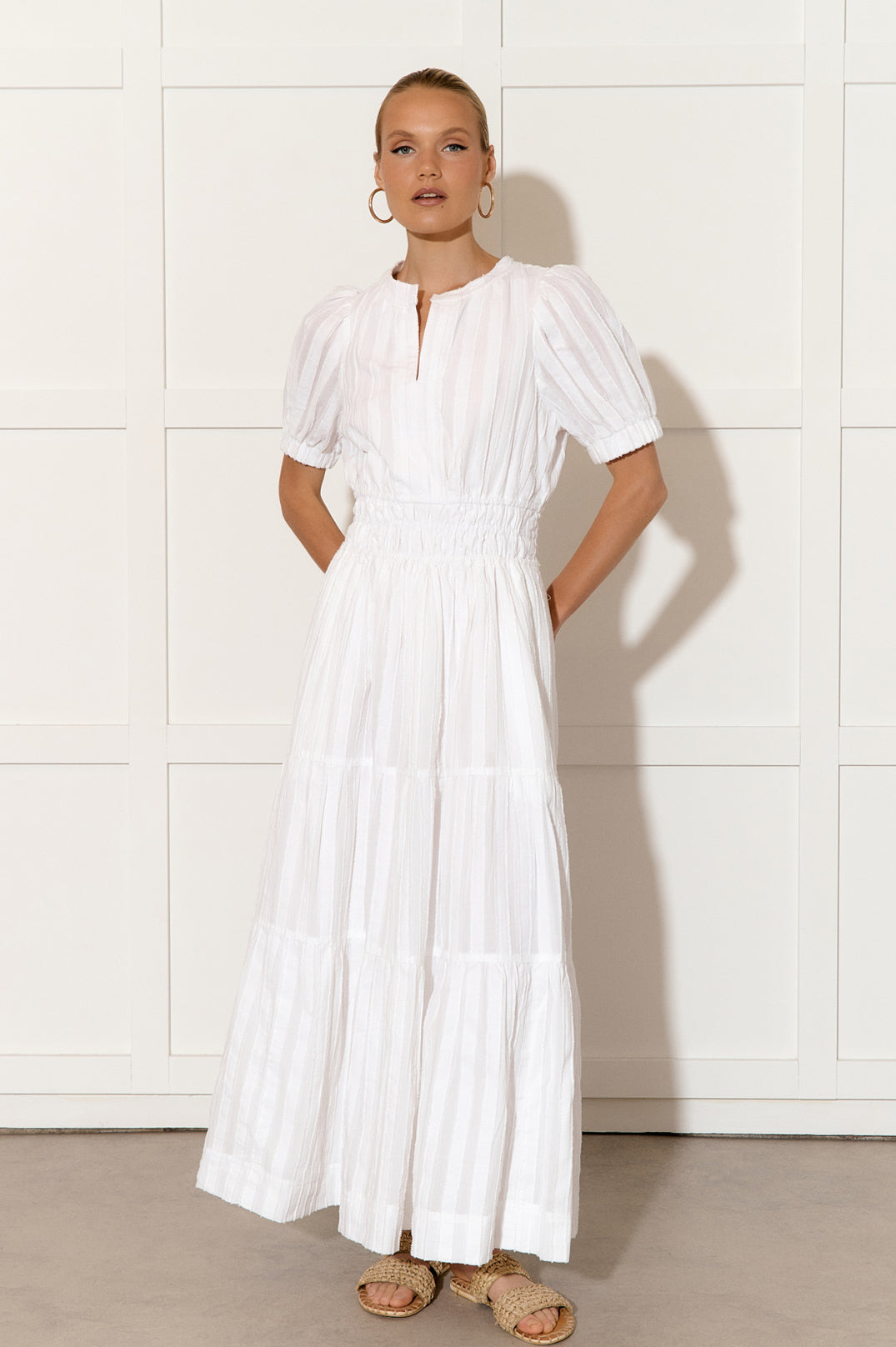 Adorne Violette Self Stripe Dress - White