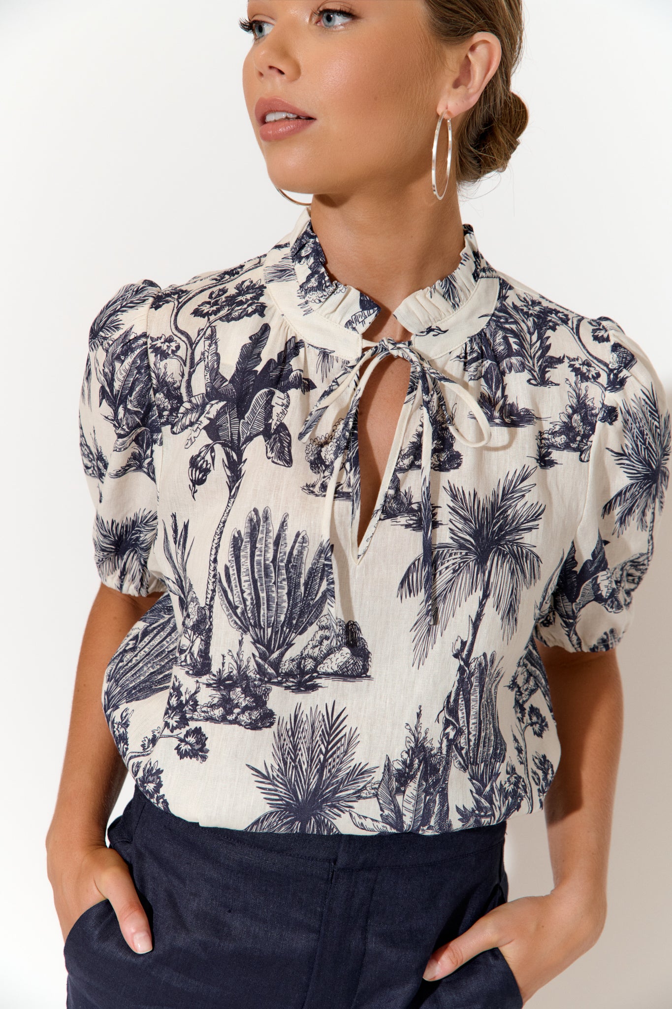 Adorne Sandra Linen Toile Print Top