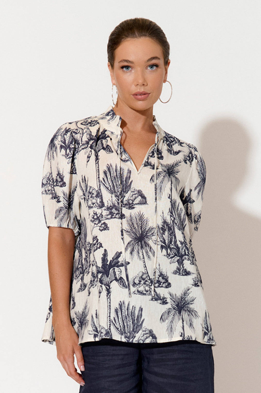 Adorne Sandra Linen Toile Print Top