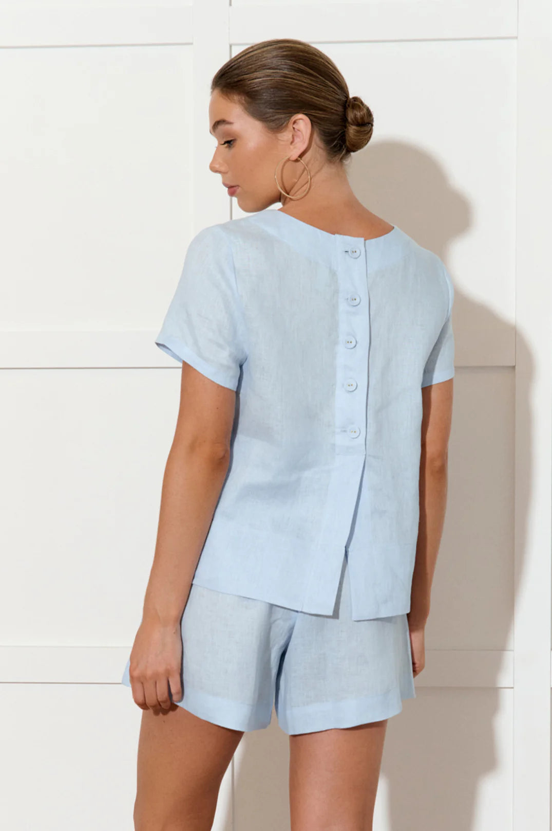 Adorne Kita Short Sleeve Button Back Linen Top - Pale Blue